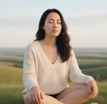 une femme dans une prairie qui ferme les yeux en méditant