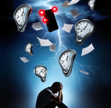 un homme se tiens la tête au dessus des horloges