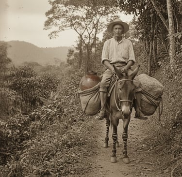 Imagen recreativa hecho con AI - Muestra al abuelo Dionisio de Oro montado en su mulo mojino