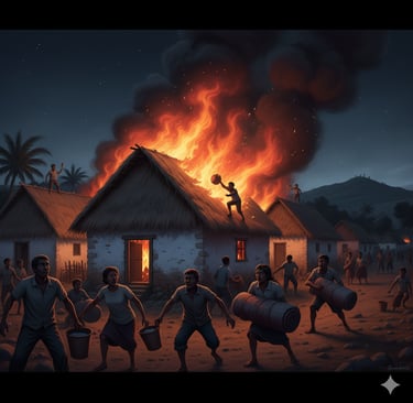 "Una ilustración nocturna y dramática de un incendio en una casa tradicional de San José de Lata. 