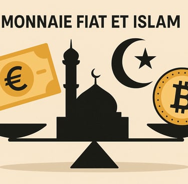Illustration Islam et monnaie fiat : un billet euro et une pièce Bitcoin en équilibre sur une b