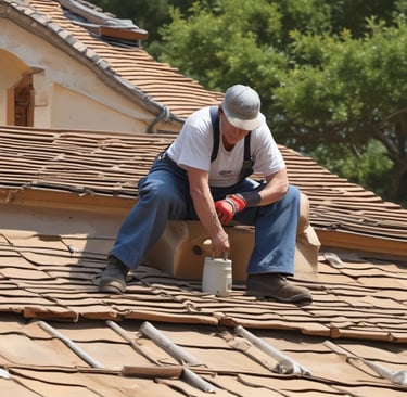 A person is working on a corrugated metal roof, wearing a harness for safety. They appear to be engaged in some kind of maintenance or repair work, holding equipment or tools. The roof is weathered and shows patches of rust and wear.