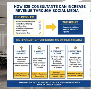 B2B social media revenue infographic for consultants detailing content authority and monetization systems.