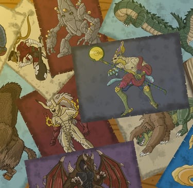 Image montrant des dessins de créatures imaginaires, fantastiques éparpillés sur une table.