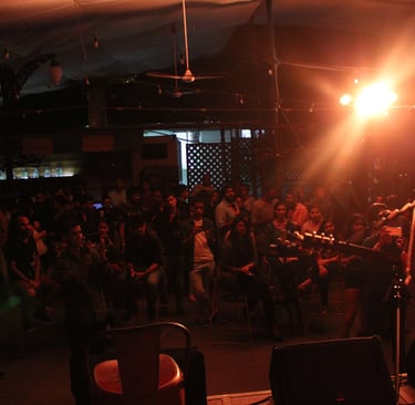 A singer songwriter performs in front of a substantial audience that is enjoying at a café.