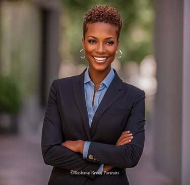 a woman in a suit and earrings, smiling for business headshot photo session