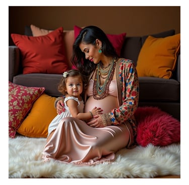 Pregnant woman seated indoors with a toddler, surrounded by colorful pillows.