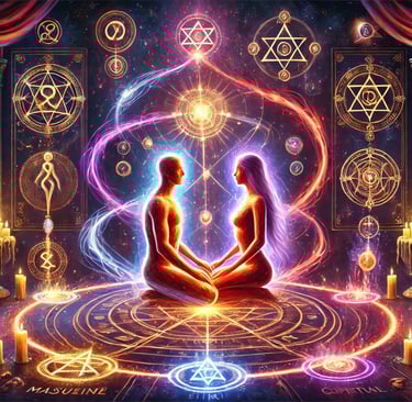 Um casal em um ritual místico com energia luminosa e símbolos esotéricos ao redor, destacando a uniã