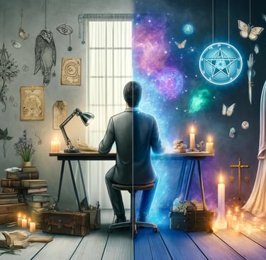 Figura de perfil dividida entre um ambiente mundano, com trajes comuns e mesa de escritório, e um am