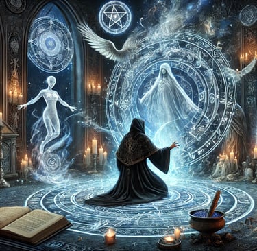 Um bruxo em trajes ritualísticos, realizando um ritual de evocação em um círculo mágico, rodeado por