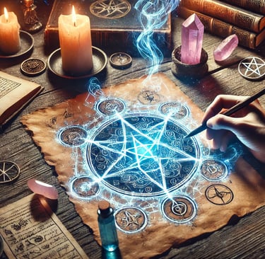 Uma mão desenha um sigilo mágico em um pergaminho antigo, cercada por um brilho azul, velas acesas, 