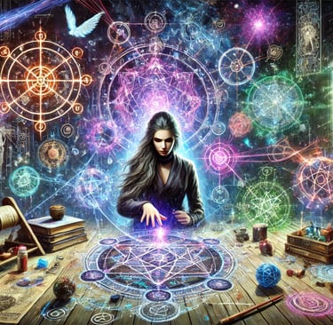 Uma maga do caos realizando um ritual avançado, cercada por sigilos flutuantes, partículas de energi
