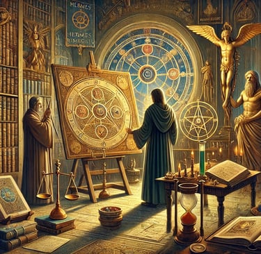 Três figuras representando práticas esotéricas distintas: magia medieval em uma biblioteca antiga, o