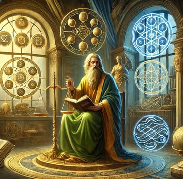 Um sábio segurando 'O Caibalion', cercado por símbolos representando os sete princípios herméticos e