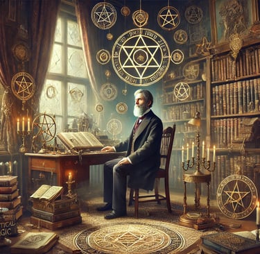 Eliphas Levi em seu estúdio esotérico do século XIX, cercado por artefatos mágicos, pentagramas, ins