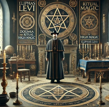 "Eliphas Levi em trajes de ocultista do século XIX, em pé diante de um altar de magia cerimonial, ce