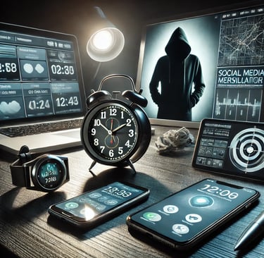 a laptop computer monitor and a clock on a desk