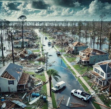 a truck parked in front of a house with a vandalized roof