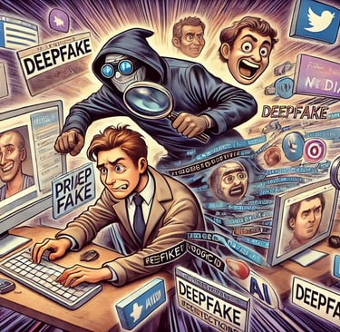 cartoon representation of investigator working on a deep fake case