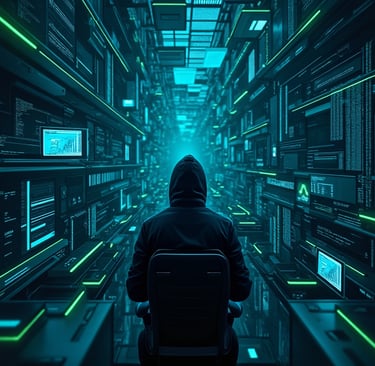 a person in a hoodie sitting in a room with a laptop