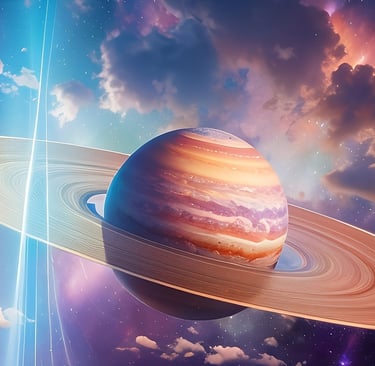 a planet with a ring around it and a planet with a star in the sky