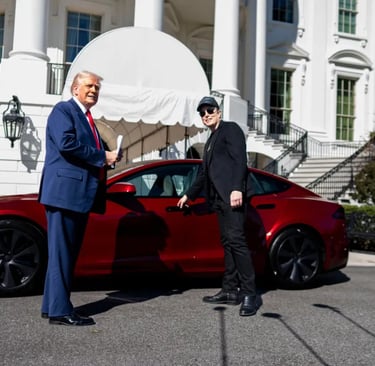 Donald trump dengan elon musk bersama mobil tesla