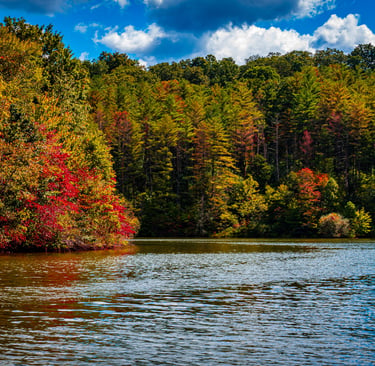 Scenic autumn lake surrounded by a dense forest with vibrant red, orange, and yellow fall foliage. 