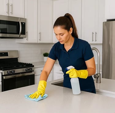 cleaning professional wiping a modern kitchen counter