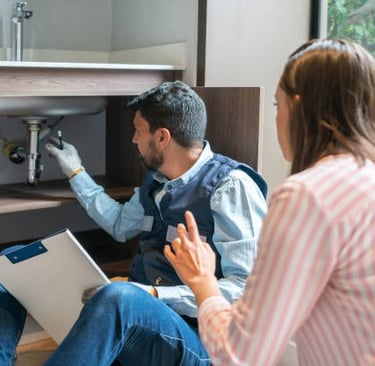 plumber pointing under a sink and explaining things to a woman