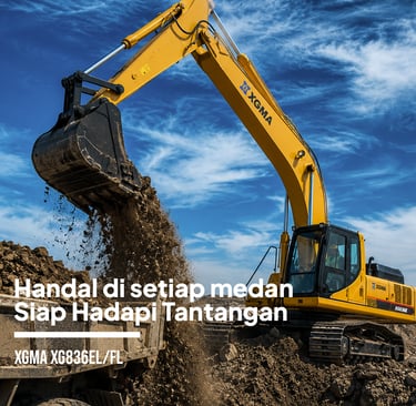 Yellow XGMA XG836EL/FL excavator digging soil at a construction site, showcasing its power and reliability.