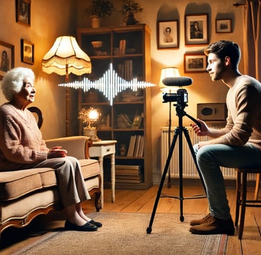 biographer using a video camera and AI Transcription to capture and stories from grandmother