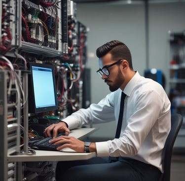 a man sitting at a table in front of a laptop computer