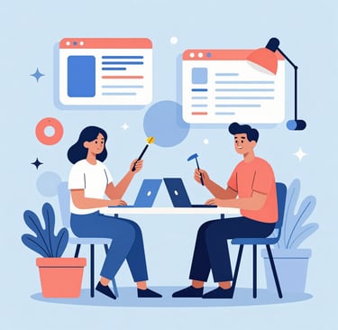 Two digital marketers collaborating on web design and content strategy using laptops and floating interface icons.