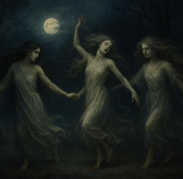 Iele dancing in moonlit forest