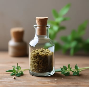 An assortment of traditional herbal ingredients, possibly used in Chinese medicine, arranged on papers with writing. A brass tray holds various plant materials next to a white mortar and pestle. A chopstick-style tool with colorful tassels is also present.