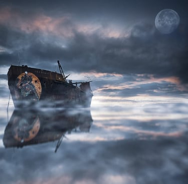 Rusty shipwreck on dreamy waters in the evening.