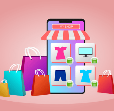 a smartphone phone with a shopping carton and shopping bags