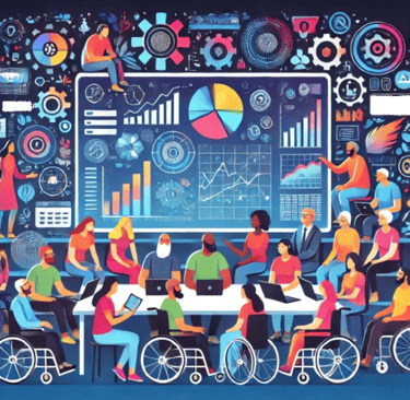 A colorful image with multiple people working with disabled people. There are graphs on a big screen