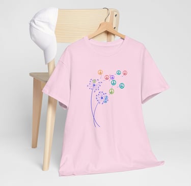 Pink Graphic Tshirt with peace signs as dandelion seeds.
