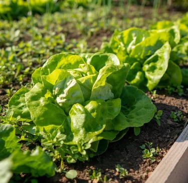 Lettuce growing in a raised garden bed.