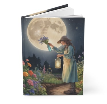 Gardener under a full moon in her garden.