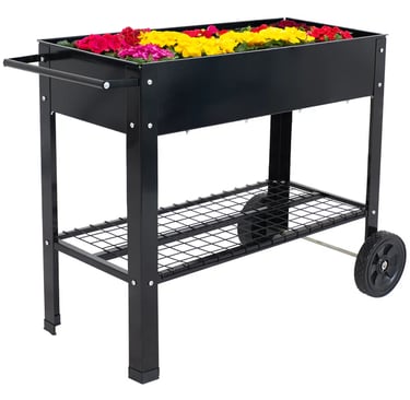 raised garden bed with wheels and shelf