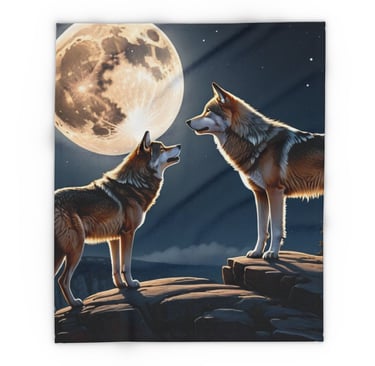Fleece blanket with two wolves and moon
