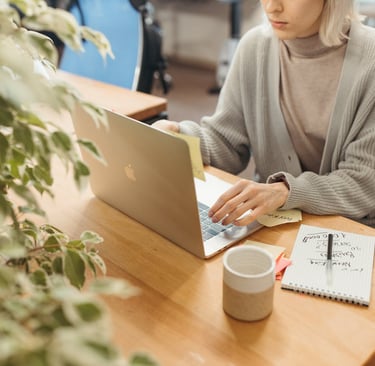 business woman marketing email coffee laptop work remote blond 