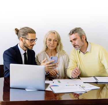 young man elderly mature business presentation laptop phone office work working