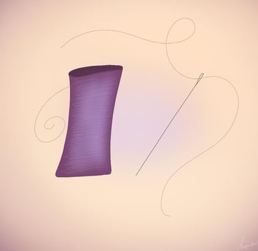 Illustration d’une bobine de fil violet et d’une aiguille à coudre, symboles du travail textile et de la douceur cousue.