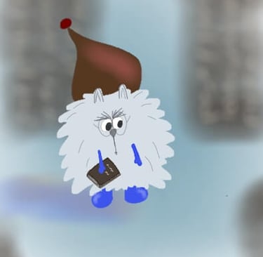 illustration d’un groumpf blanc tenant un livre, personnage de conte jeunesse