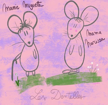 Illustration de deux souris nommées Mamie Muguette et Mama Marissa sur fond rose texturé