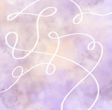 Fil blanc dessiné formant des boucles sur un fond nuageux aux tons lilas et crème.