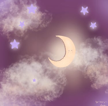 Illustration d’une lune cousue dans un ciel nocturne violet, entourée de nuages et d’étoiles.
